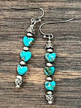 Turquoise Heart Dangle Earrings Western Boho Silver Cowgirl Jewelry